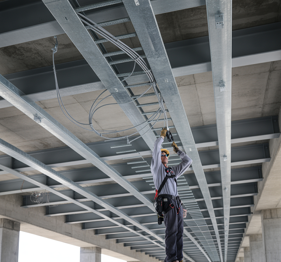 Electrician installing a catenary wire rope kit