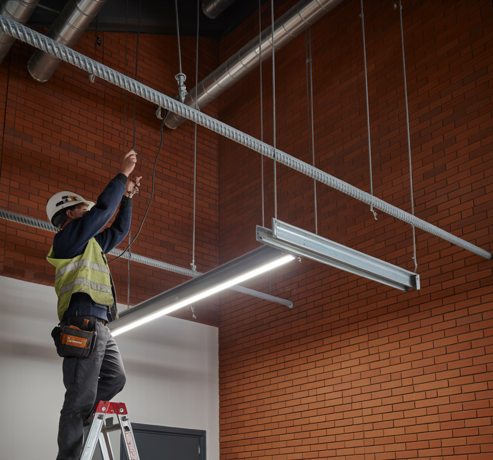Electrician installing a catenary wire rope kit