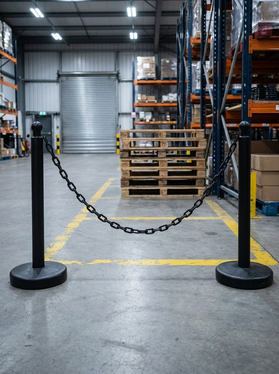 Black steel welded chain between two black post barriers in a warehouse